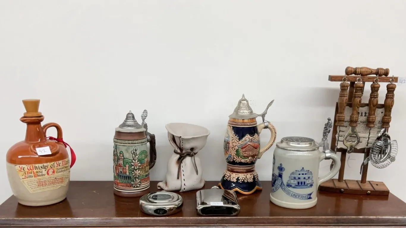 3 Pewter Lid Steins, Ye Whisky of Ye Monks Jug, 2 Flasks, Bar Tools