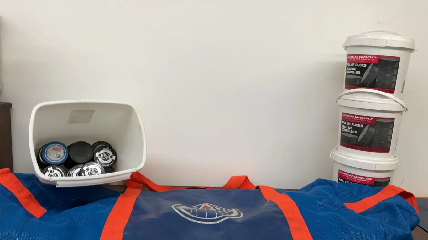 Edmonton Oilers Branded Hockey Equipment Bag with 4 Buckets of Pucks