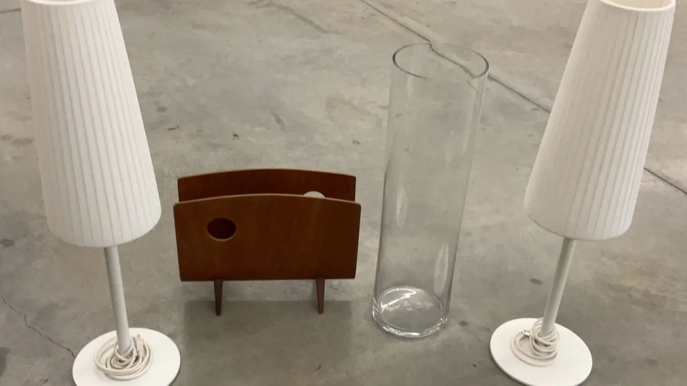 White Table Lamps, Glass Umbrella Holder, and Wooden Magazine Holder