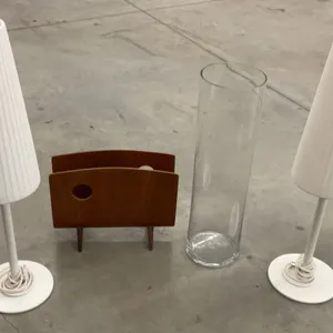 White Table Lamps, Glass Umbrella Holder, and Wooden Magazine Holder