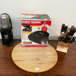 George Foreman Grill Unused in Box, Thermos with Case, Lazy Susan, Knife Block with Knives