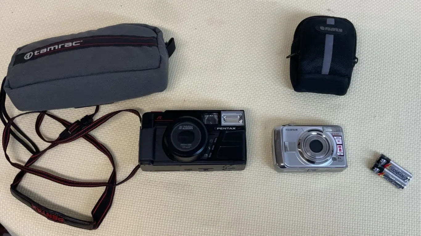 Pentax IQZoom 35mm Film Camera, Fujifilm FinePix A820 Digital Camera, Cases and Batteries