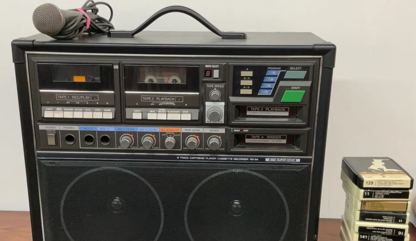 Vintage Panasonic Karaoke Stereo - 8-Track, 2 Cassette Decks, Echo Mic and Tapes