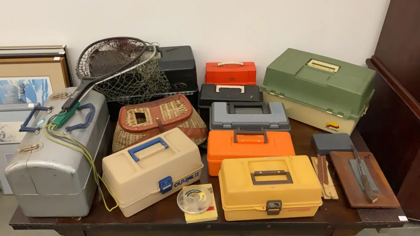10 Plano, Old Pal and Metal Tackle Boxes with Flies, Creel and Net