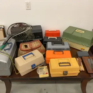 Gone Fishin Collection - 10 Plano, Old Pal and Metal Tackle Boxes with Flies, Creel and Net