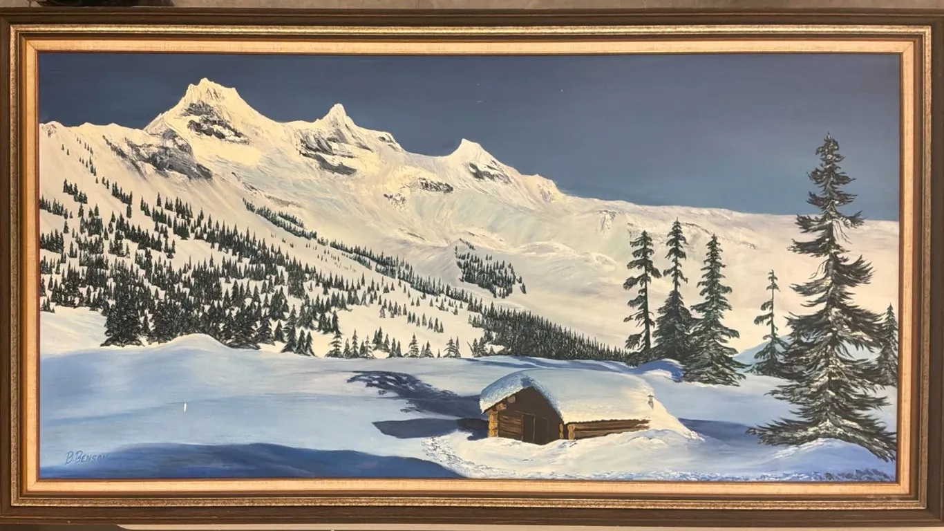 "Winter Cabin in the Mountains" Original Oil Painting, Signed B. Benson