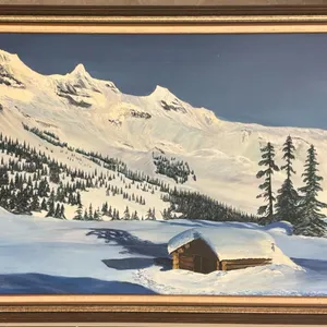 "Winter Cabin in the Mountains" Original Oil Painting, Signed B. Benson