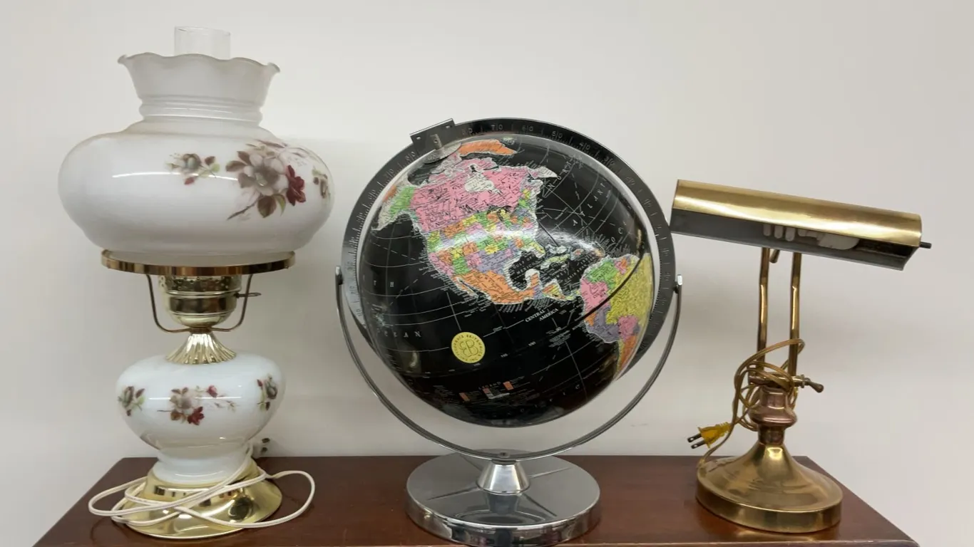 World Globe Showing, Floral Oil Lamp and Brass Desk Lamp