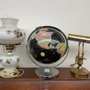 World Globe Showing Pre-USSR Fall Borders with Floral Oil Lamp and Brass Desk Lamp