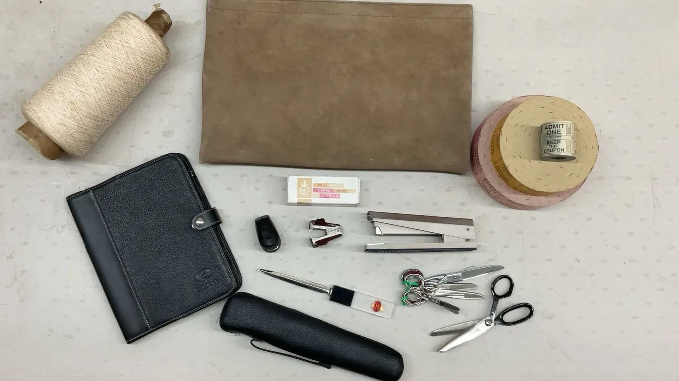 Office Supplies Lot: Notebook, Scissors, Staplers, String, and Zipper Pouch