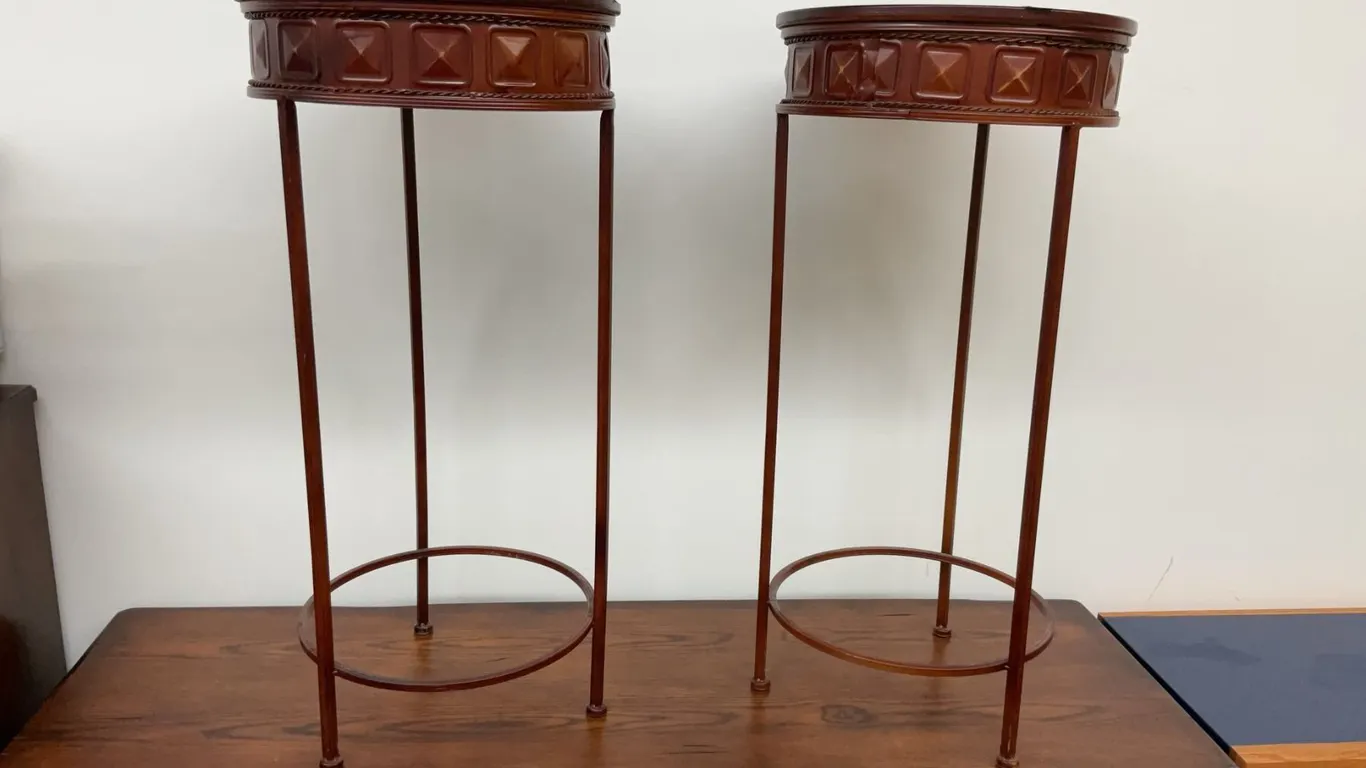 Elevate Your Greenery - 2 Round Metal and Wood Plant Stands