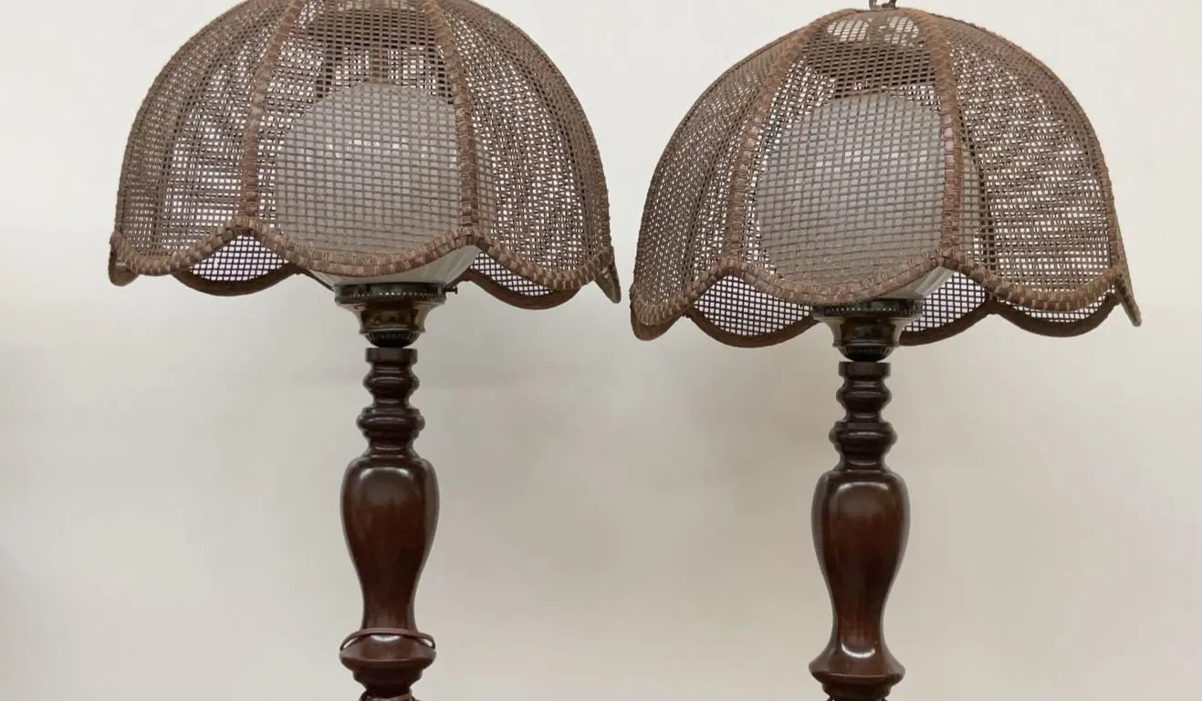 Table Lamps with Wood Bases and Woven Mesh Shades