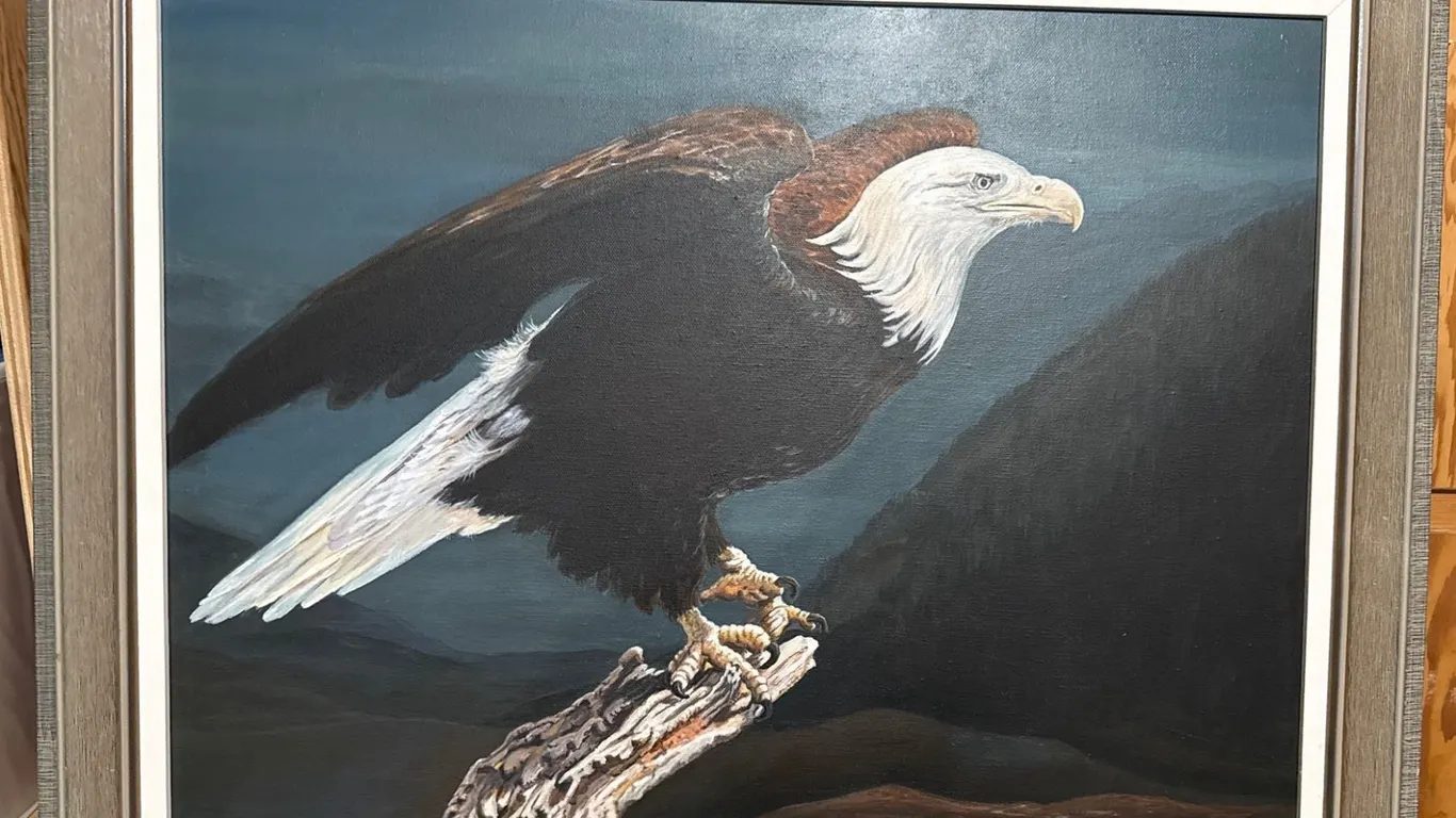 Acrylic Painting of a Bald Eagle by Elsie Budney in Framed Canvas