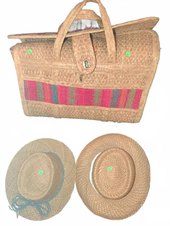 Vintage Wall Paper w/ Woven Straw Tote & 2 Straw Hats
