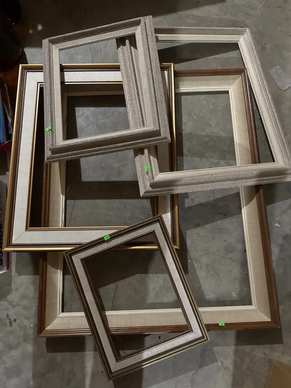 Five Vintage Wood and Fabric-Covered Photo Frames, Various Sizes