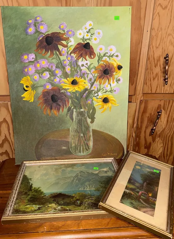 Floral Still Life Painting by Elise Budney and Two Framed Prints, Landscape and Cottage