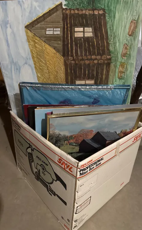 Box Lot of Assorted Paintings and Blank Canvases