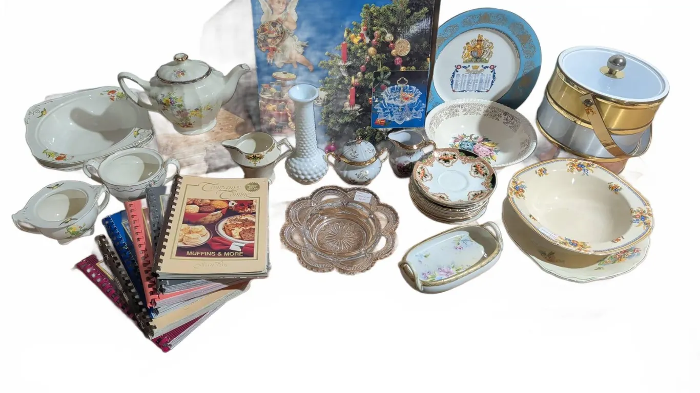 English, Canadian, and Japanese Pottery and China with Cookbooks and Glassware