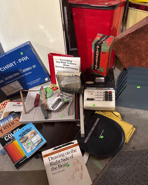 Paper Cutter, Drawing Books, Adding Machine, Red Garbage Can, Chart-Pak Kit and Miscellaneous
