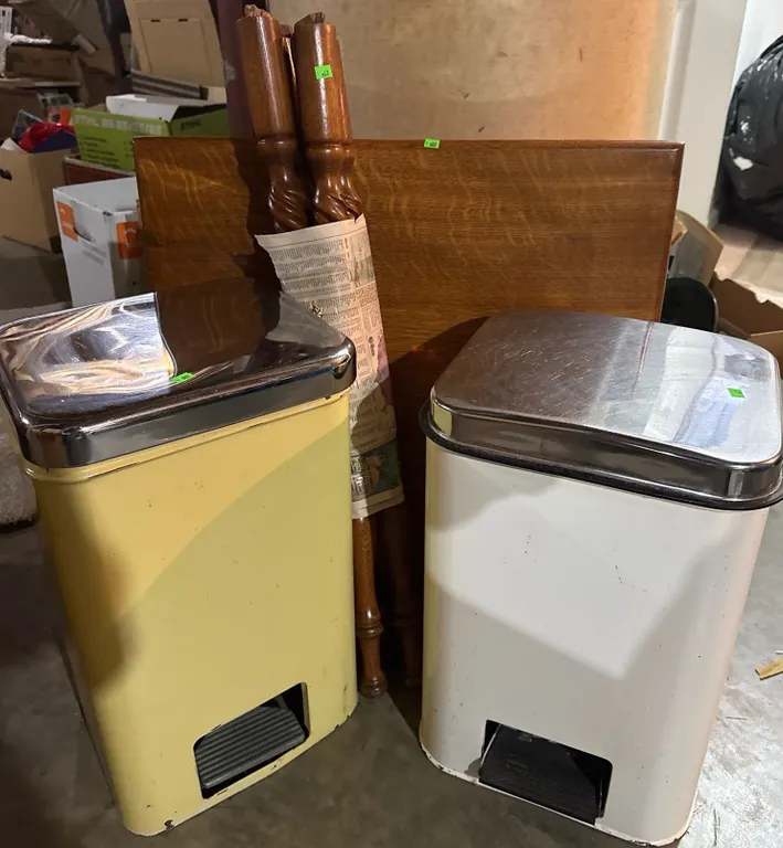 Vintage Wood Table with Turned Legs and Two Vintage Metal Step Garbage Cans