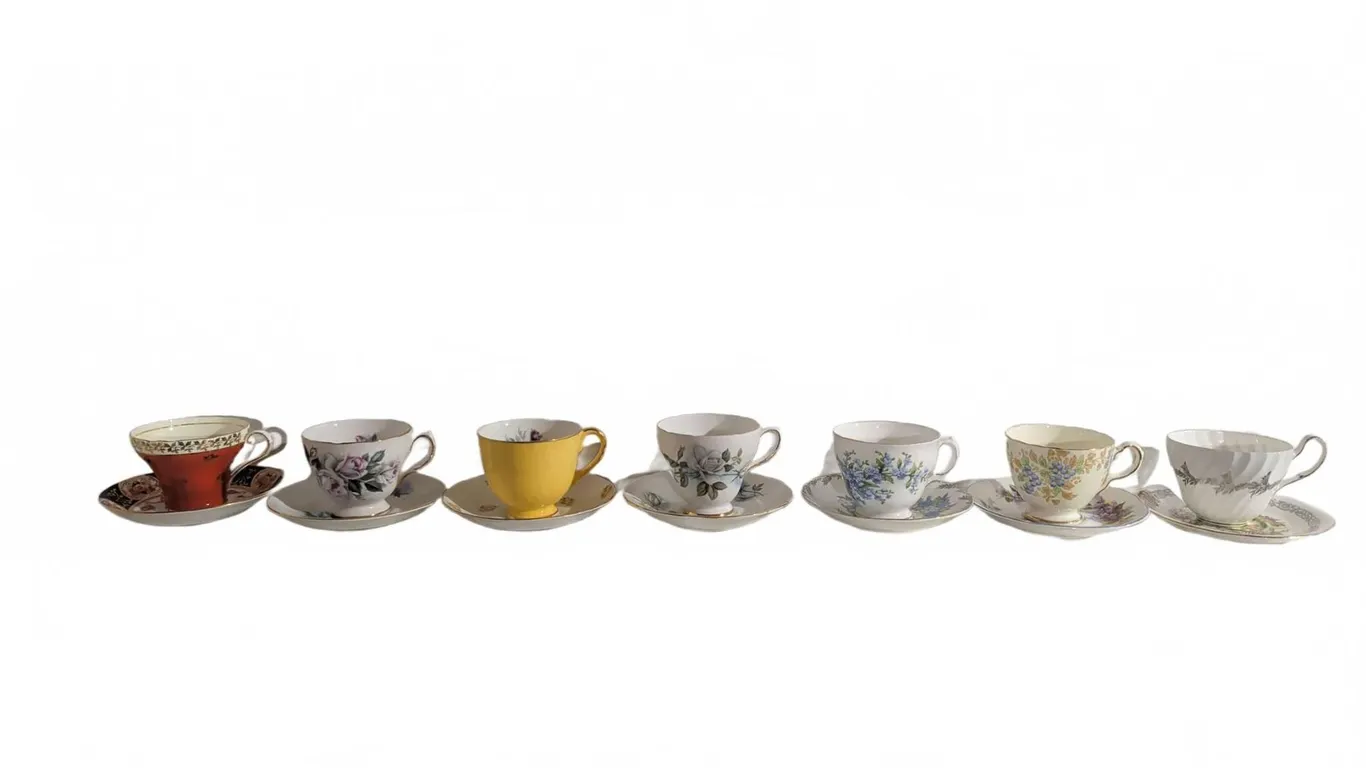English Bone China Tea Cups and Saucers, 7 Pairs, Mixed Brands