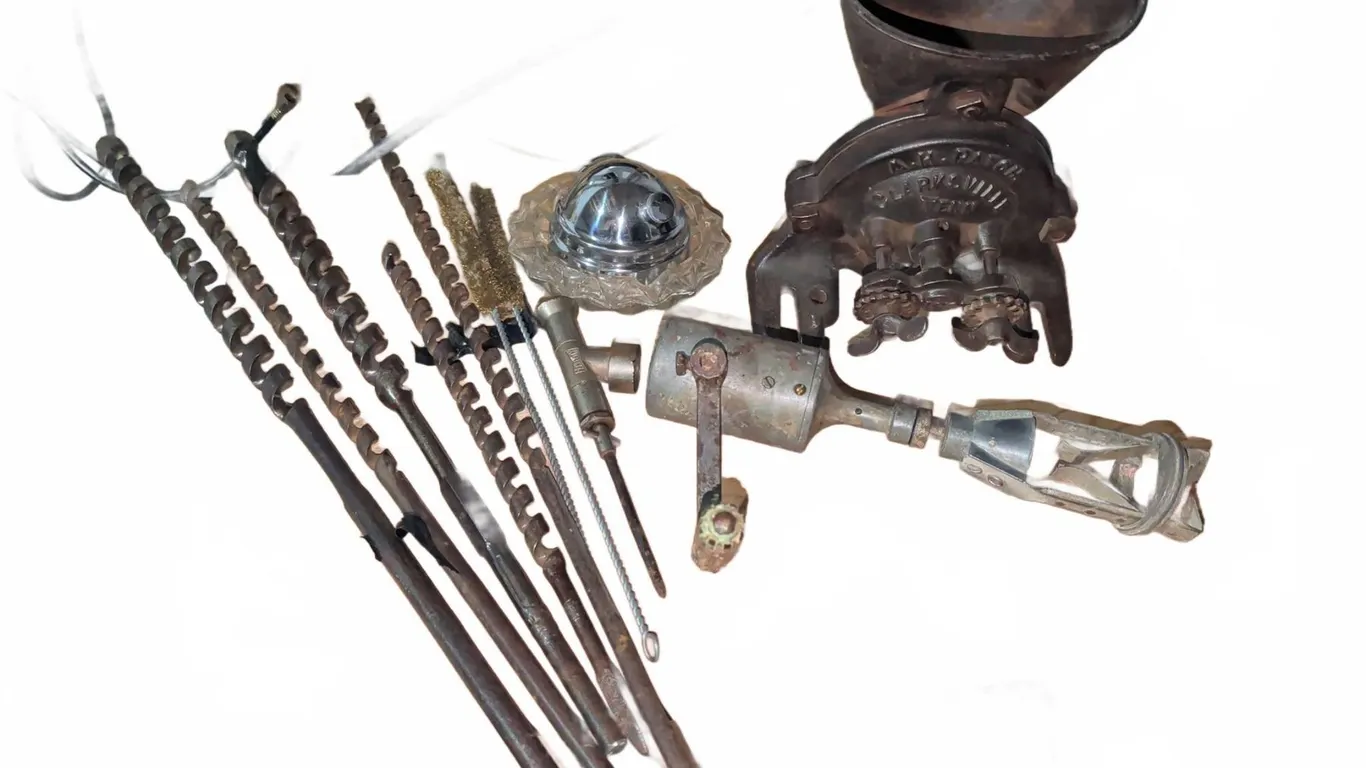 A.H. Patch Corn Sheller With Vintage Auger Bits, Drill Crank, and Cleaning Brushes