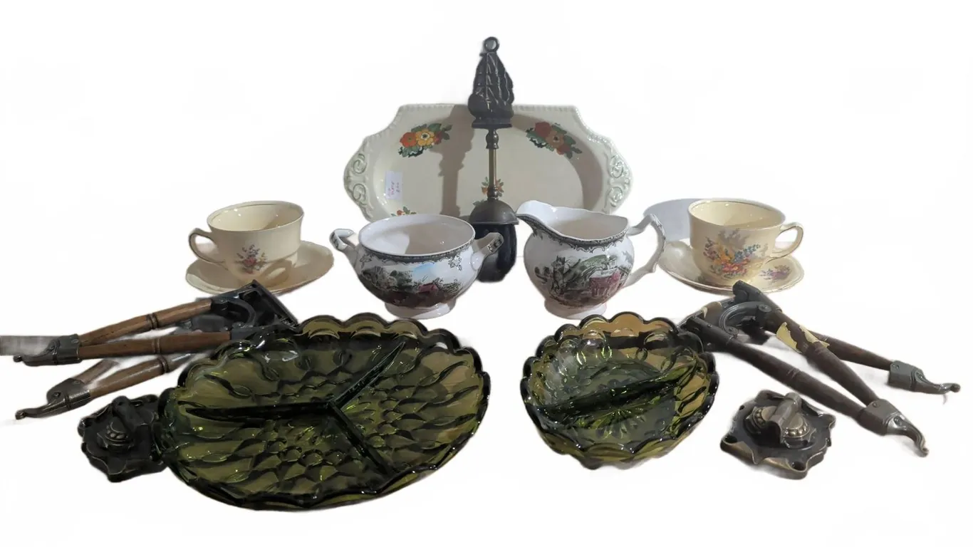English China, Green Glass Dishes and Brass Fireplace Tools Lot