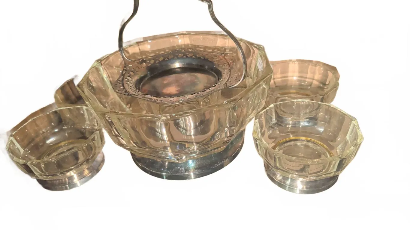 Pressed Glass Serving Bowl with Metal Handle and Three Matching Bowls