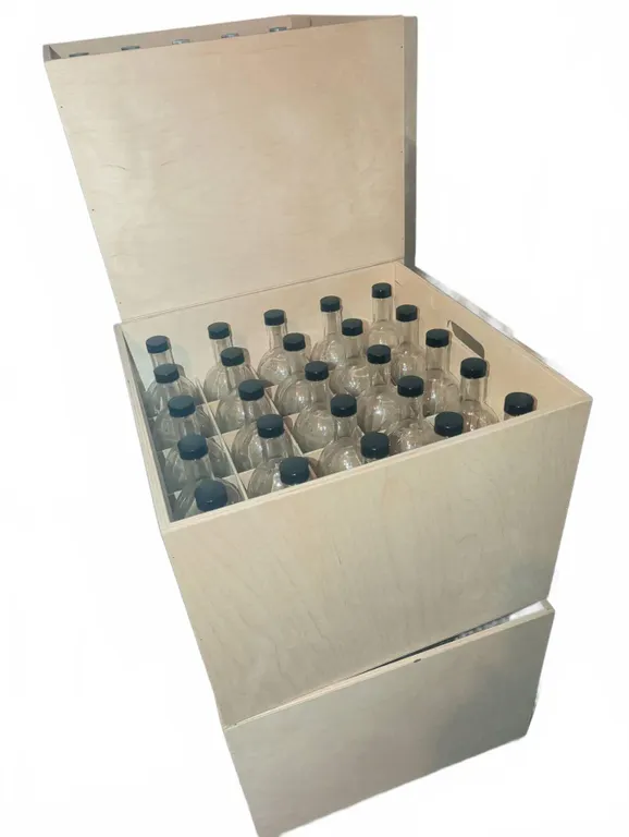 48 Clear Glass Bottles with Black Caps in Wooden Storage Crates