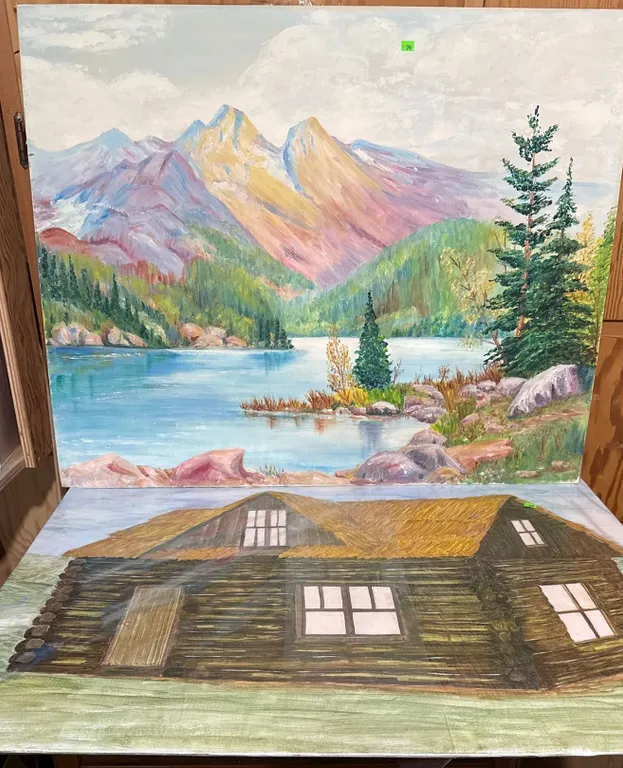 Paintings by Elise Budney: Mountain Lake Scene and Fold-Out Rustic Cabin