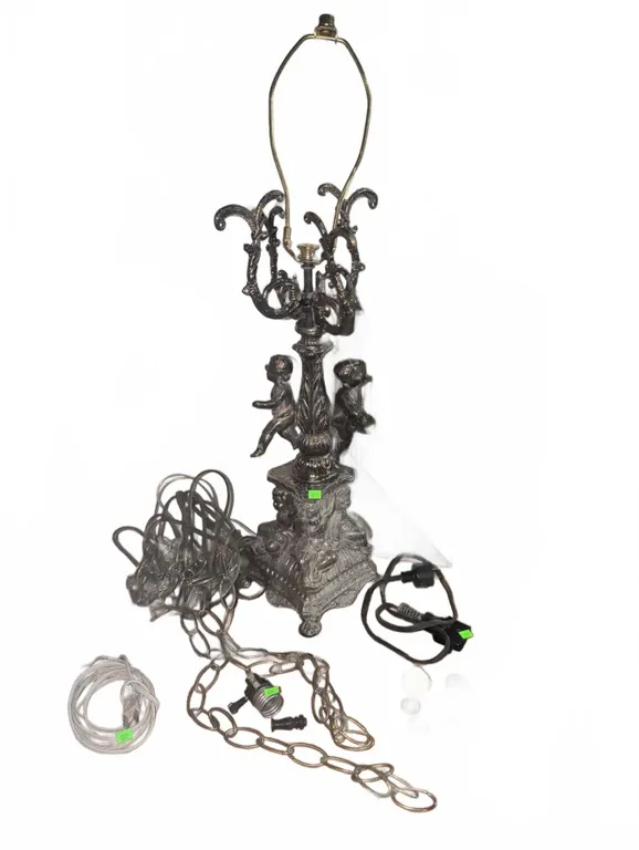 Metal Table Lamp Base with Cherub Figures and Lamp Hardware Components
