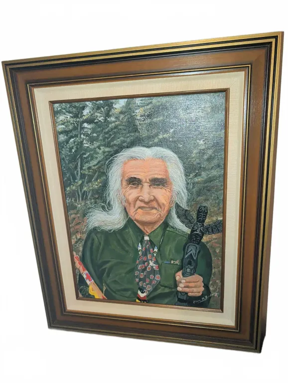 Framed Oil Painting of Elder Holding Carved Object by Elaine M. Budney
