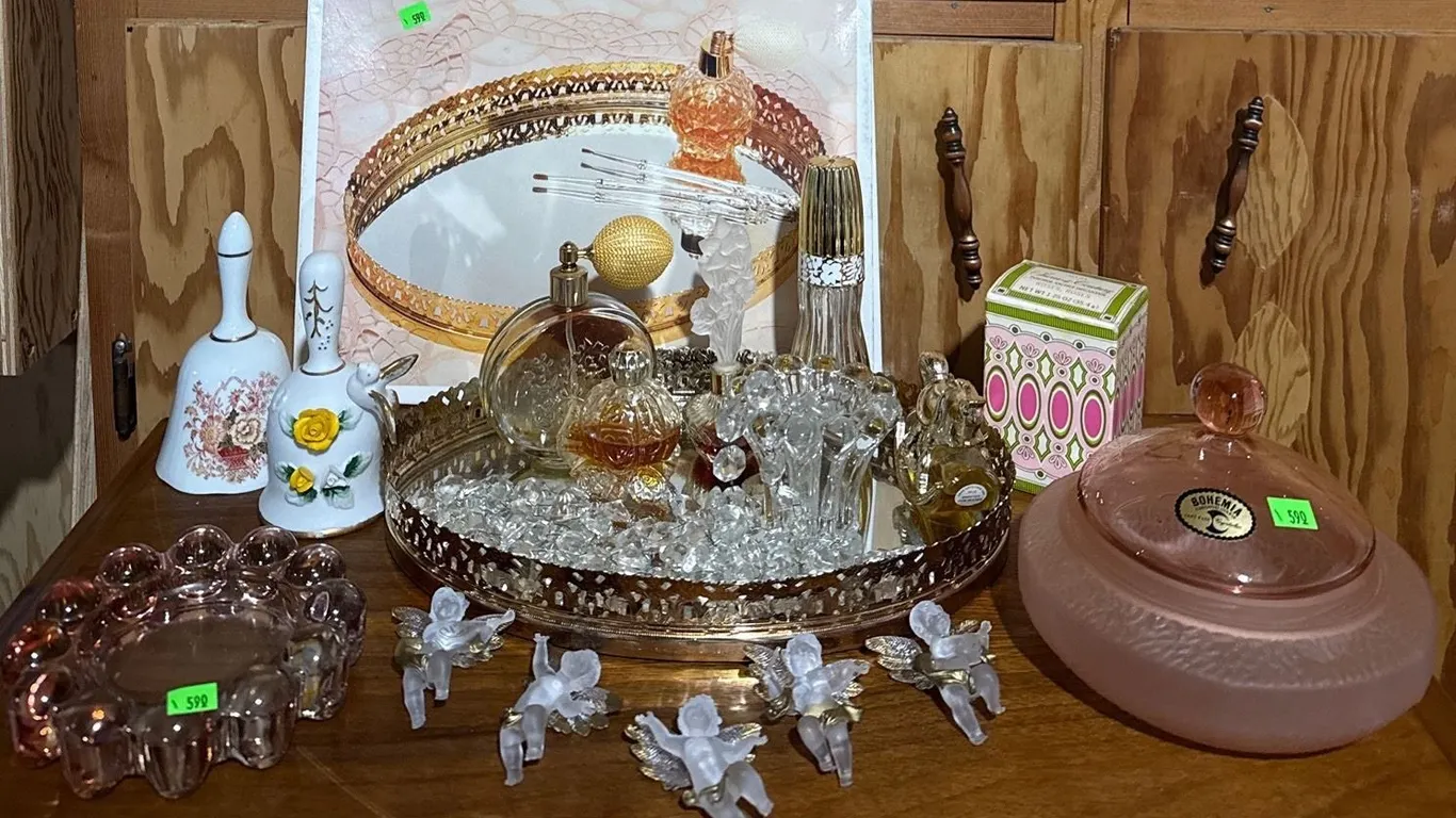 Avon Perfume Bottles, Brass Tray, Pink Bohemian Crystal Covered Dish, Czechoslovakia