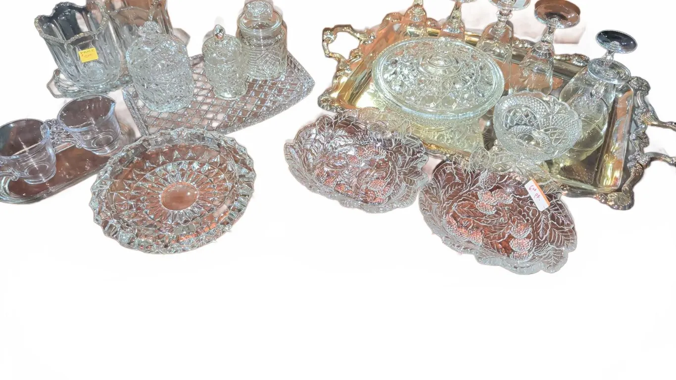 Pressed Glassware and Crystal Tableware with Silver-Tone Serving Tray