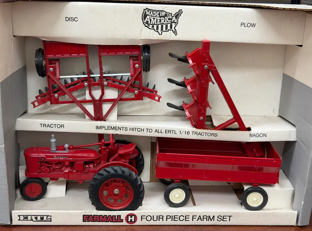 IHC Farmall H 4-Piece Set: H Tractor, Disc, Plow, Wagon - 1/16