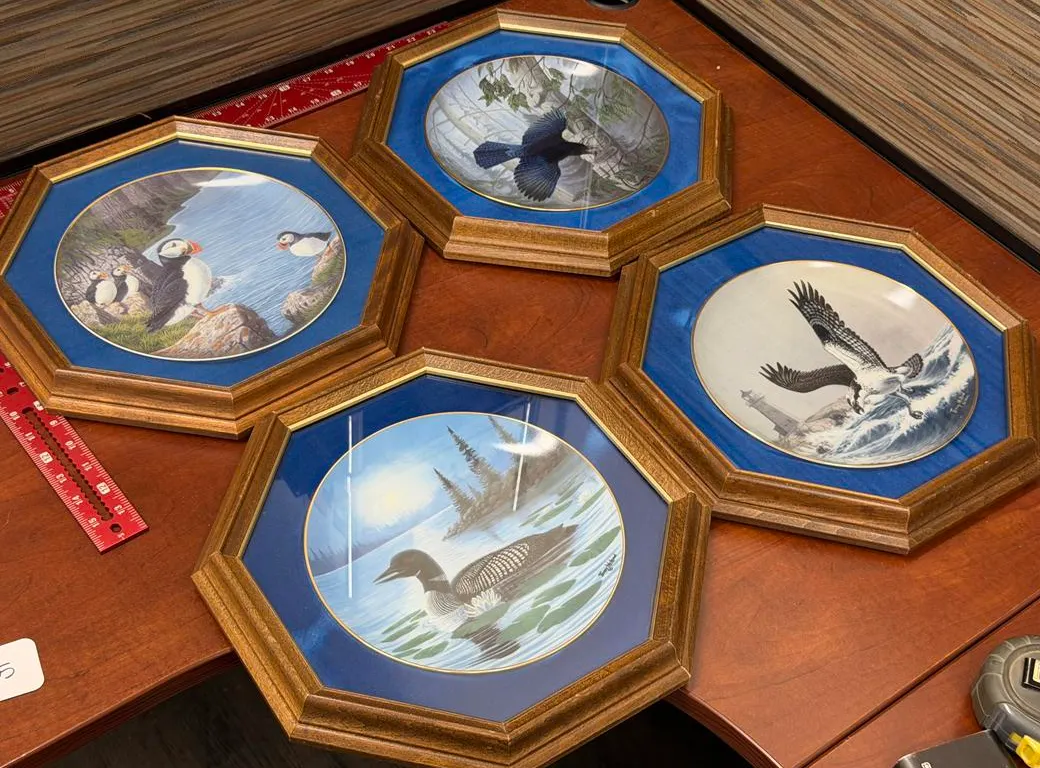 (4) Terry McLean Plates Frame: Clowns of Crags, Wilderness Call, The Fisherman & Herald of the Woods