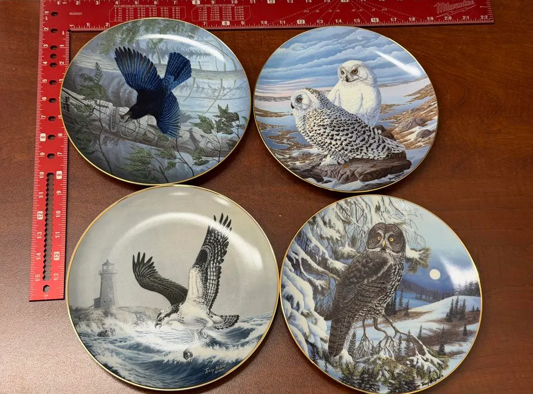 (4) Terry McLean Plates - Herald of the Woods, Arctic Watch, The Fisherman & MB's Great Gray Owl