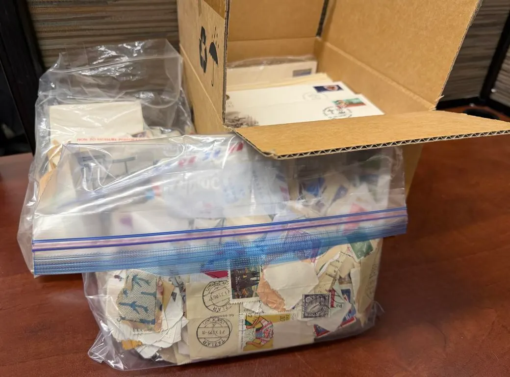 (2) Bags of Stamps, (1) Box of Envelopes with Stamps