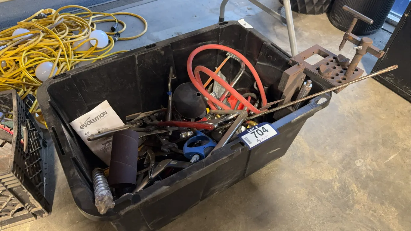 Plastic Tote of Asst. Tools Including Combination Wrenches, Drill Bits, Vise Grips, Abrasive Discs,