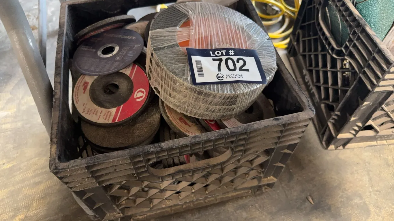 Crate of Asst. Grinding Discs, Cutting Discs, Saw Blades, Etc.