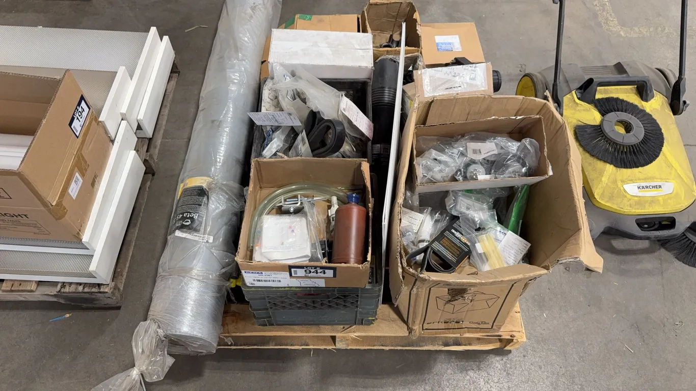 Pallet of Asst. Material Roll, Parts, Buffer Wheel, For Sale Signs, Belts, Connectors, Etc.