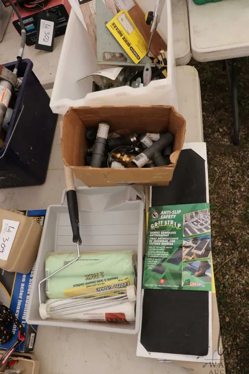 Sand paper, paint roller, hose tees, speed square etc.