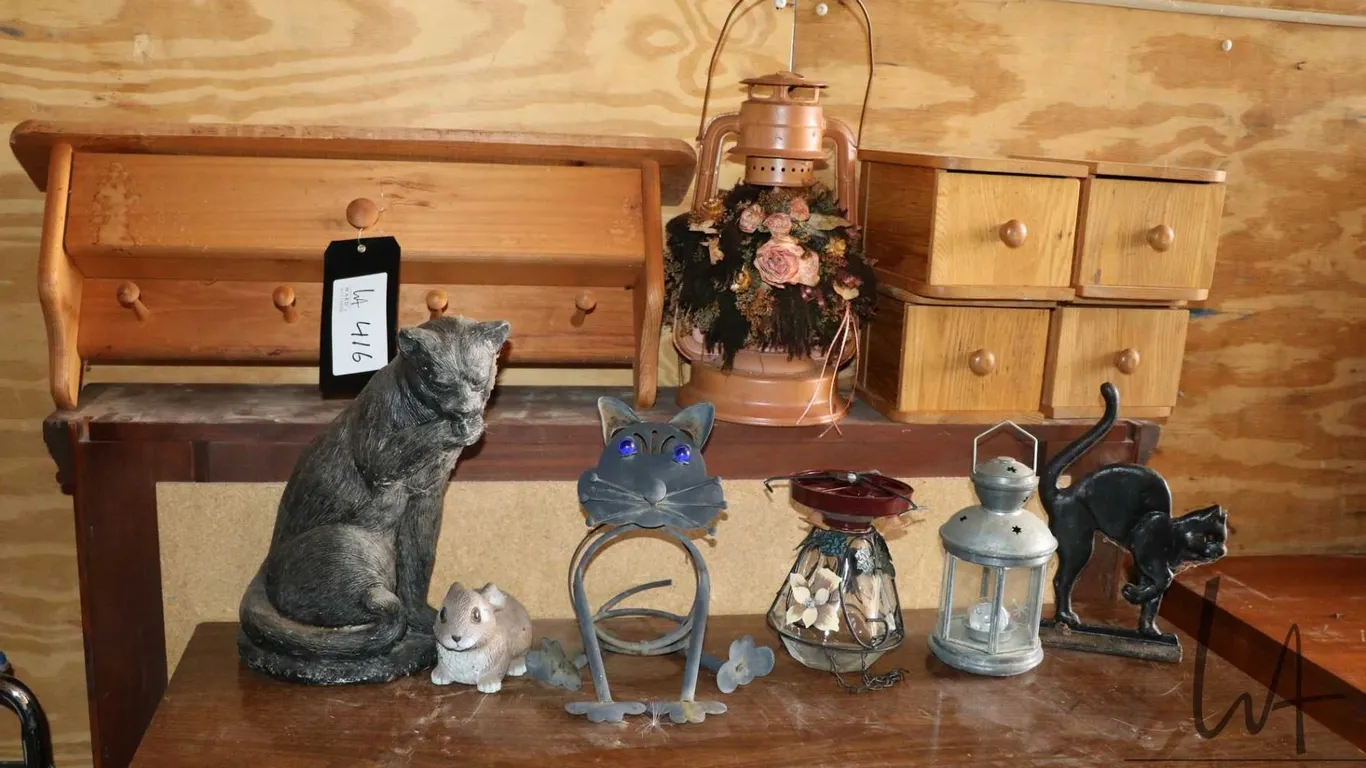 Selection of decor including coat hook with storage, lanterns etc.