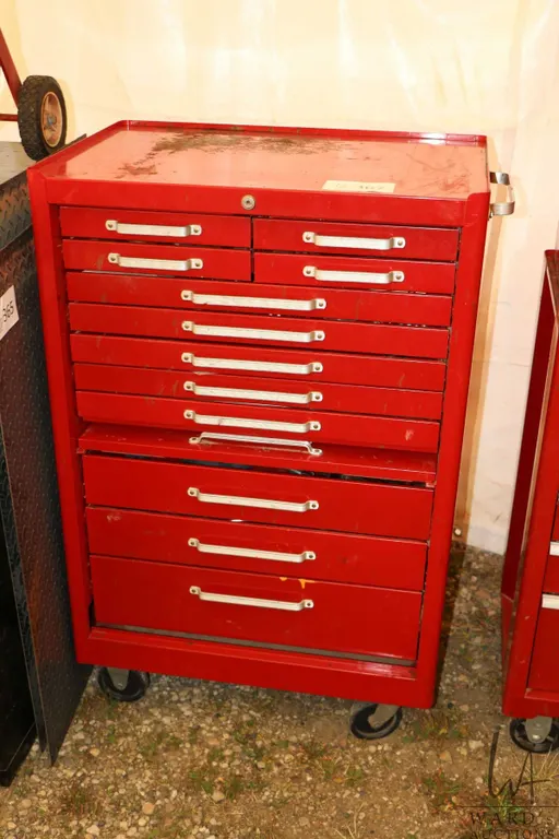 Tool box and contents including abrasive discs, taps, Allen wrenches, files, die grinders, pullers,
