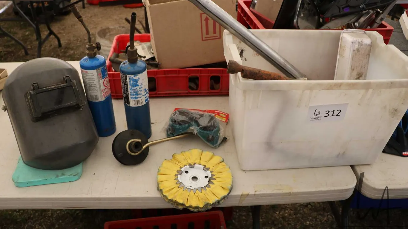 Welding helmet, welding goggles, propane torches, wrenches etc.