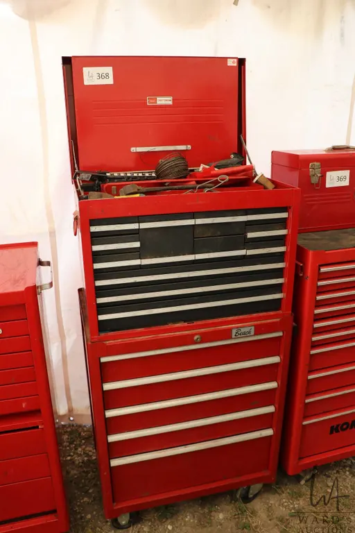 Tool box and contents including sockets, pliers, electrical tester, punches, torques drivers, wrench