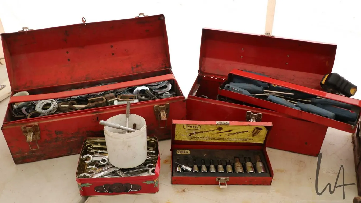 Selection of tools in tool boxes including line wrenches, screw drivers, Allen sockets etc.