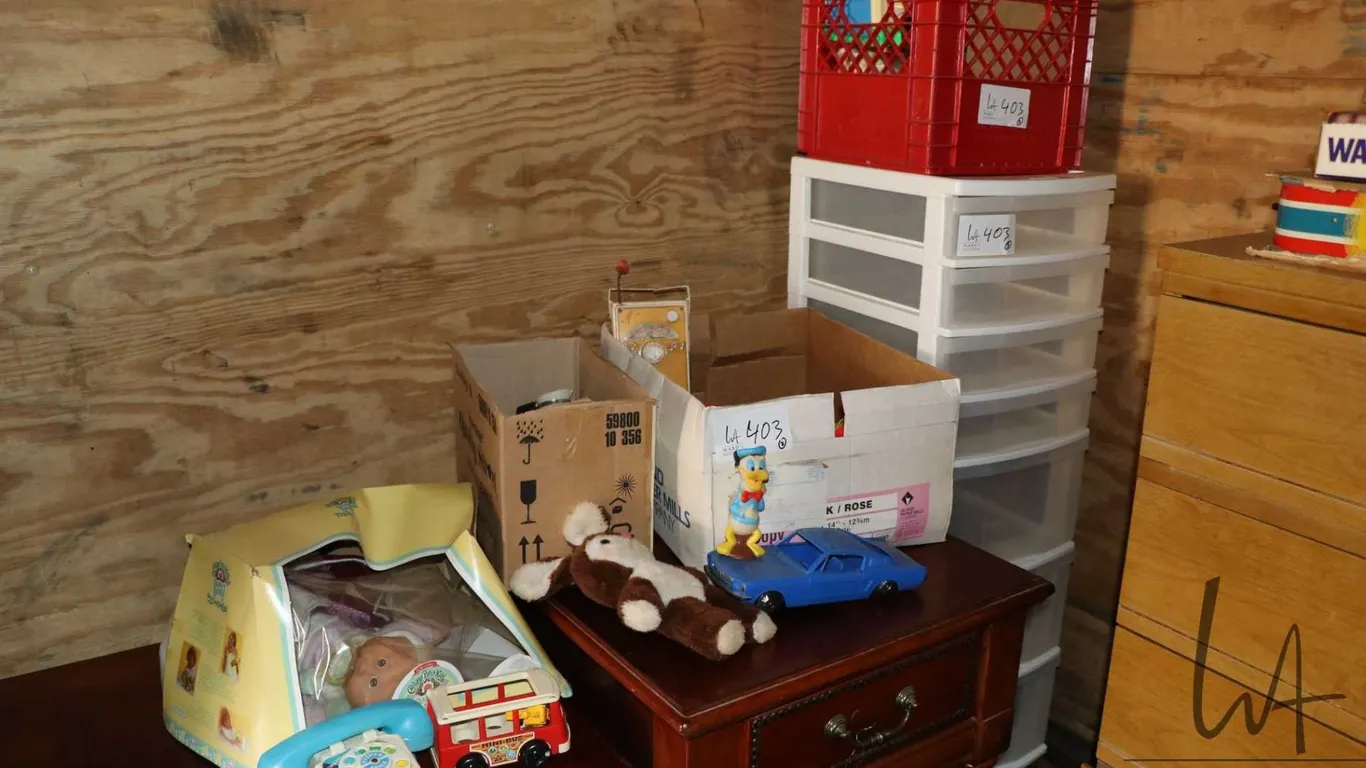 Selection of toys including Cabbage Patch and Fisher Price plus a plastic stacking drawers etc.
