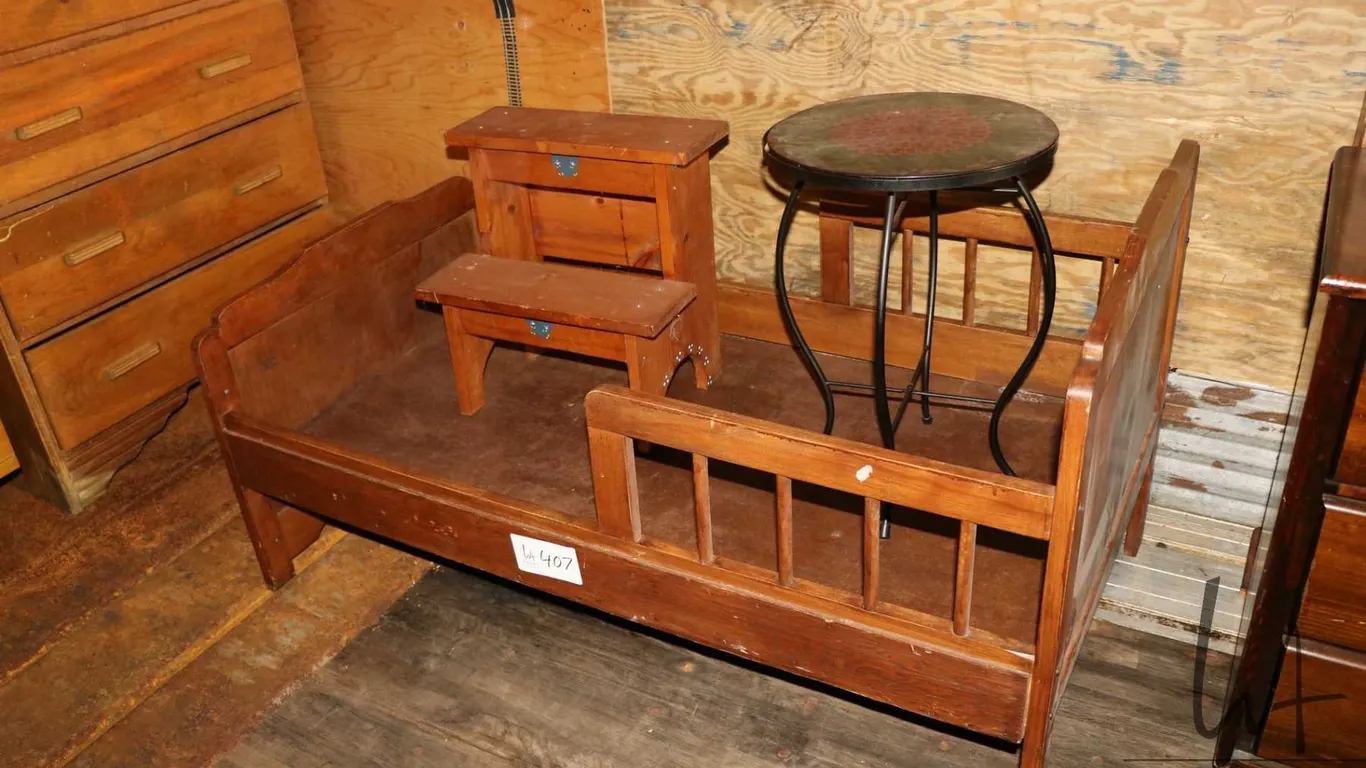 Wooden toddler sized doll bed, step stool etc.