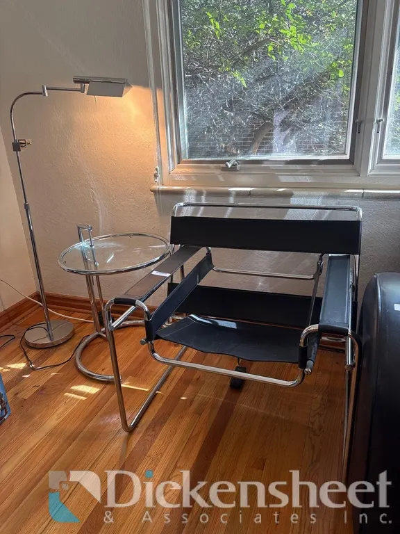 CHROME CHAIR, GLASS TABLE & FLOOR LAMP